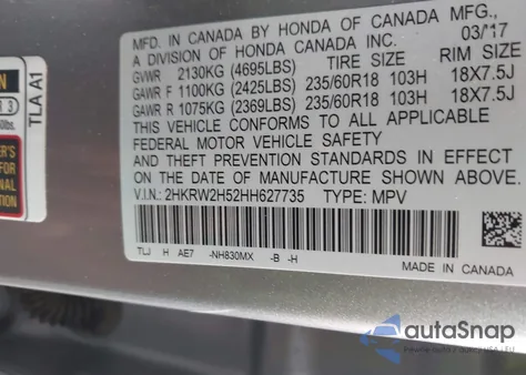 2017 Honda Cr-V Ex z USA, uszkodzony, nr VIN 2HKRW2H52HH627735